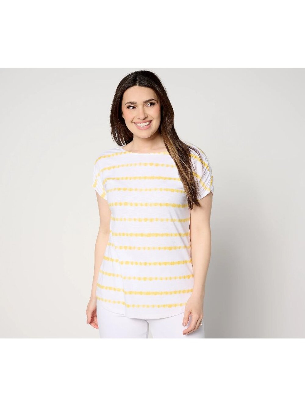Denim & Co Top Medium Americana Texture Knit Boat Neck Striped Top Yellow NEW